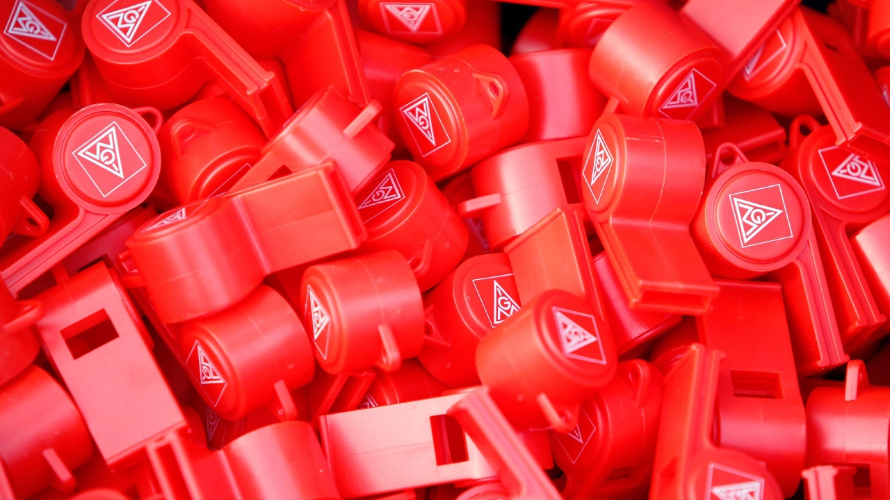 Viele roter Trillerpfeifen mit dem IG Metall Logo.