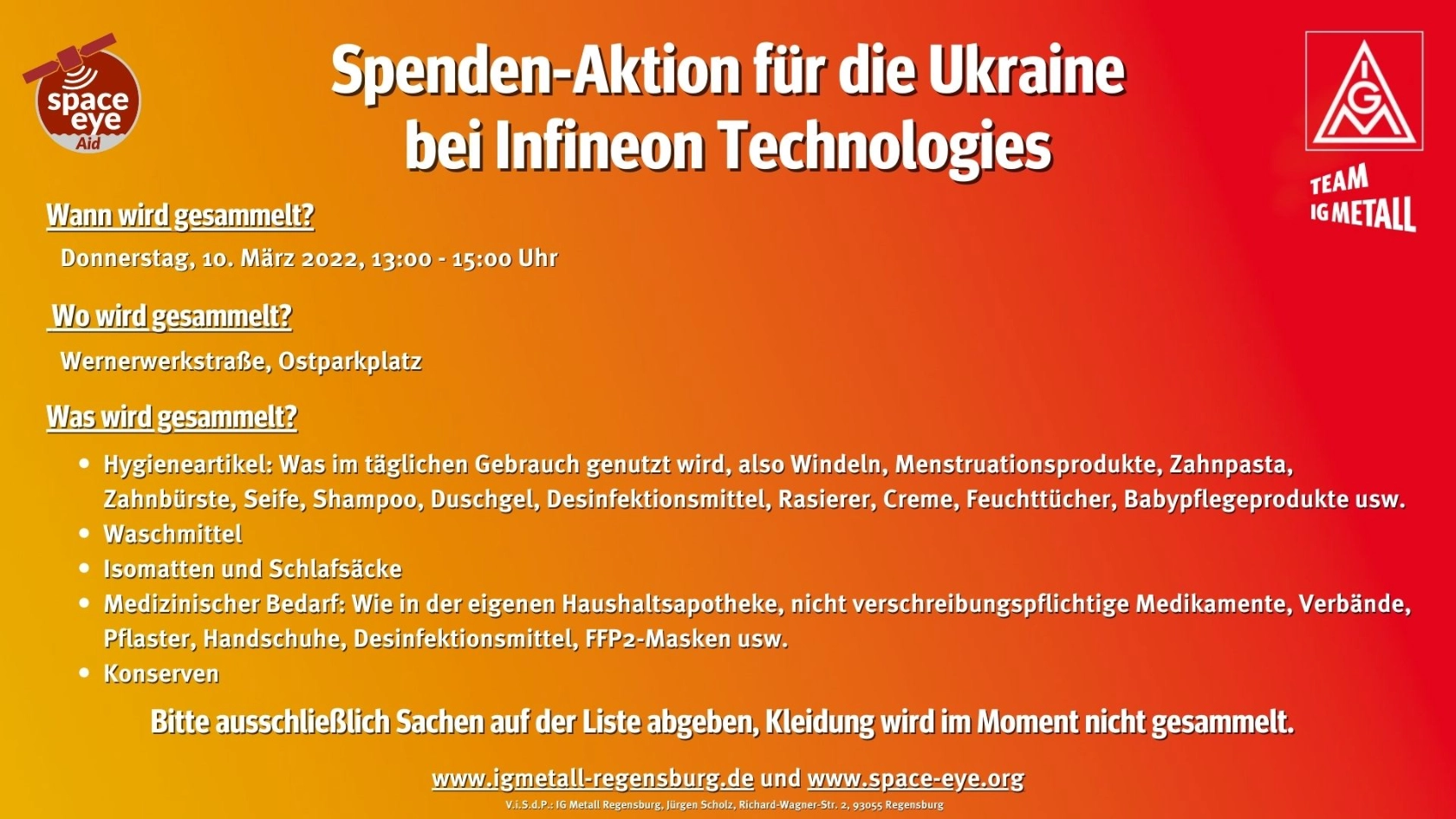 Der Aufruf zur Sachspende-Aktion zur Unterstützung der Menschen in der Ukraine