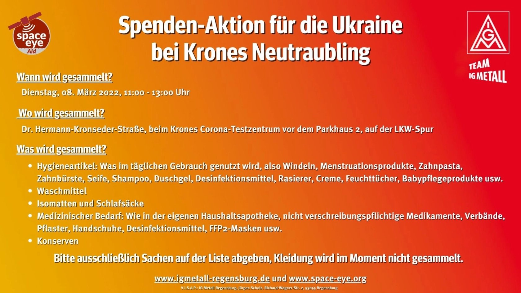 Der Aufruf zur Sachspende-Aktion zur Unterstützung der Menschen in der Ukraine