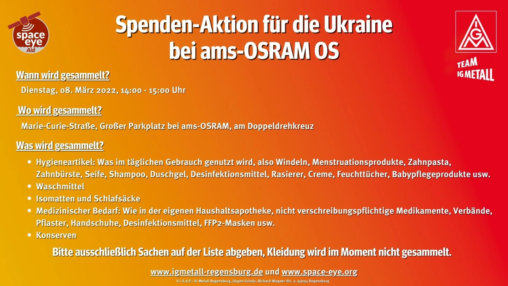 Der Aufruf zur Sachspende-Aktion zur Unterstützung der Menschen in der Ukraine