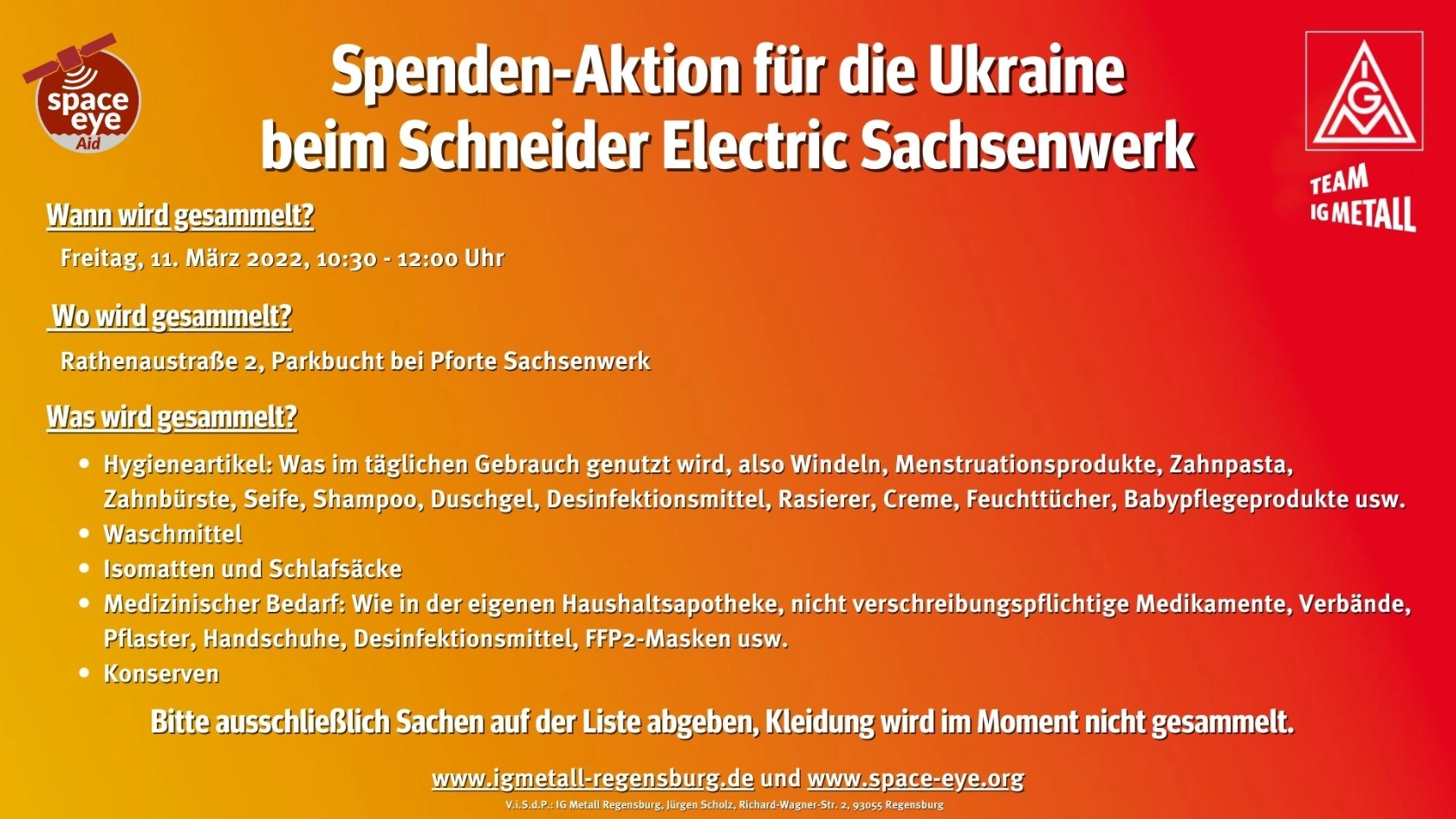 Der Aufruf zur Sachspende-Aktion zur Unterstützung der Menschen in der Ukraine