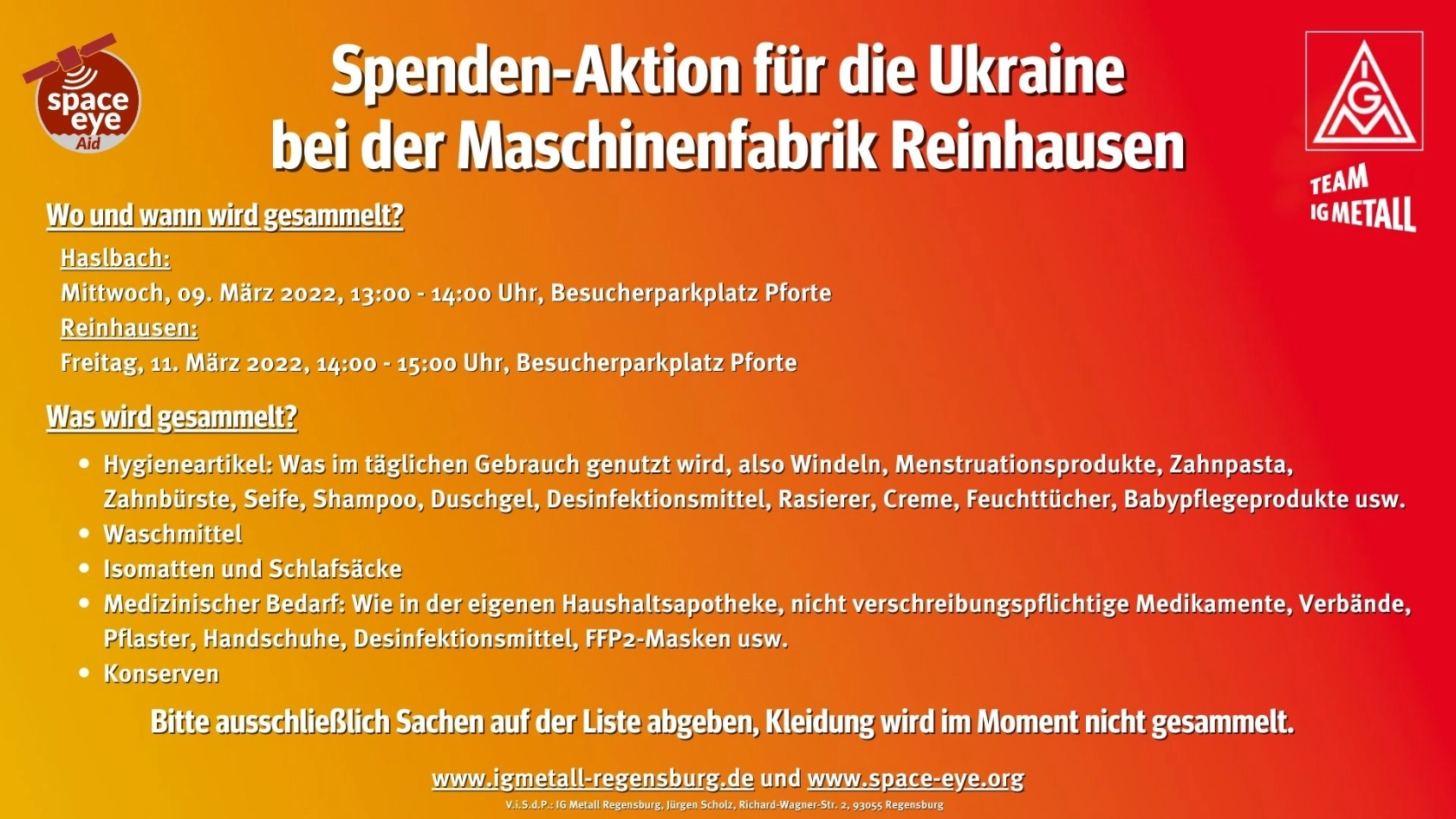 Der Aufruf zur Sachspende-Aktion zur Unterstützung der Menschen in der Ukraine