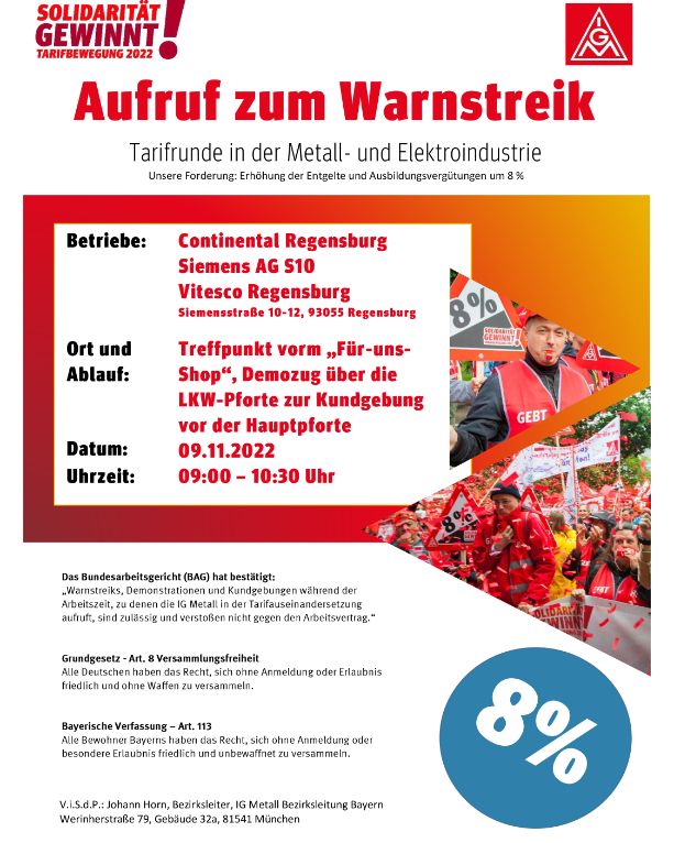 Die IG Metall ruft zum Warnstreik am 09.11.22 zum Siemens Campus auf!
